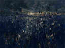 Schilderij van droogbloem in het landschap in inktblauw, in vlakke kleurvlakken