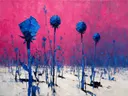 Droogbloem in het landschap in kobaltmagenta, schilderij van droogbloem