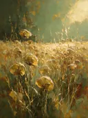 Droogbloem in het landschap in mosterd, schilderij van droogbloem