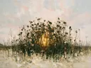 Droogbloem onder de hemel in groenroze, schilderij van droogbloem onder de hemel