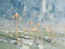 Droogbloem onder de hemel in perzik, schilderij van droogbloem van dichtbij