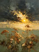 Droogbloem onder een storm in kopergloed, schilderij van droogbloem onder een storm