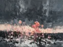 Droogbloem onder een storm in koraal, schilderij van droogbloem onder een storm