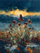 Schilderij van droogbloem onder een storm in wijnmint, in vlakke kleurvlakken