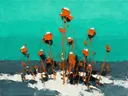 Schilderij van droogbloem aan de oever in roestturkoois, in vlakke kleurvlakken