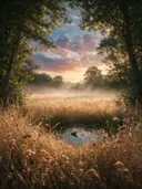 Landschapsfoto van droogbloemen bij de ochtendmist, met een kikker op een blad