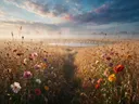Landschapsfoto van droogbloemen bij de ochtendmist, met flamingo's in een ondiepe plas