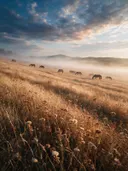 Landschapsfoto van droogbloemen bij de ochtendmist, met een kleine kudde paarden