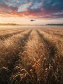 Landschapsfoto van droogbloemen bij de ochtendmist, met een helikopter boven de horizon