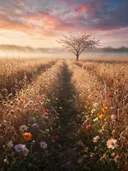 Landschapsfoto van droogbloemen bij de ochtendmist, met een bloesemboom