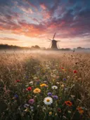 Landschapsfoto van droogbloemen bij de ochtendmist, met een windmolen in de verte