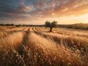 Landschapsfoto van droogbloemen bij het gouden uur, met een oude olijfboom