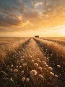 Landschapsfoto van droogbloemen bij het gouden uur, met een koe aan de rand van het veld