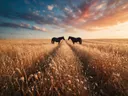Landschapsfoto van droogbloemen bij het gouden uur, met twee paarden die elkaar aankijken