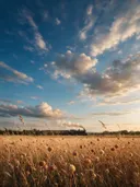 Landschapsfoto van droogbloemen bij het gouden uur, met een stoomtrein in de verte