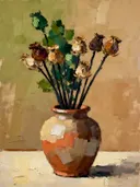 Schilderij: droogbloemen in een aarden vaas