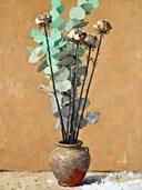 Schilderij: droogbloemen in zeegroen