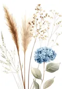 Aquarel van droogbloemen en een blauwe hortensia