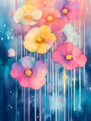Aquarel schilderij van klaprozen met druipeffect op een blauwe achtergrond