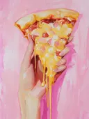 Schilderij van een hand die een pizzapunt vasthoudt met druipende gesmolten kaas.
