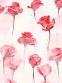 Artistieke compositie van rode rozen met druipende verfeffecten op een lichtroze achtergrond.