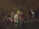 Druiven, appels, pruimen en vijgen op een tafel, met een aap bij een omgevallen mand van Adriaen van Utrecht: stilleven met fruit