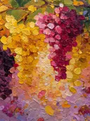 Close-up olieverfschilderij van een tros druiven in roze en amber tinten