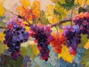 Close-up schilderij van druiven tussen kleurrijke herfstbladeren