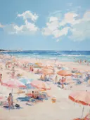 Impressionistisch schilderij van een druk strand met kleurrijke parasols en zwemmers.