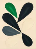 Druppelvormen in de stijl Retro Shapes, in houtskool, leigrijs en gebroken wit, met een fel smaragdgroen accent