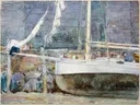 Drydock, Gloucester van Childe Hassam: zee met boot, werf, masten en haven, in wit met blauwgrijs