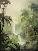 Dubbele waterval omringd door groene jungle en palmbomen.