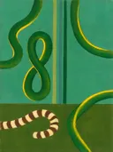 Schilderij van dubbele lus in groen en geel, in vlakke kleurvlakken