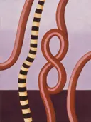Schilderij van dubbele lus in terracotta en roze, in vlakke kleurvlakken