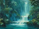 Schilderij van een dubbele waterval in een oerwoud