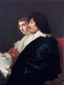 Dubbelportret van Constantijn Huygens (1596-1687) en Suzanna van Baerle van Jacob van Campen: portret met mannen, kraag, brief en dubbelportret, in paars met zwart en wit