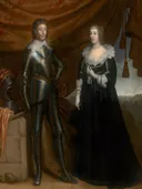 Dubbelportret van Frederik Hendrik, prins van Oranje (1584-1647) en zijn echtgenote Amalia van Solms-Braunfels (1602-1675) van Gerard van Honthorst: portret met man, vrouw, harnas en gordijn, in warm oranje en zwart