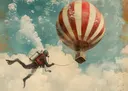 Surrealistisch beeld van een duiker met zuurstoftank die richting een luchtballon zweeft tussen wolken
