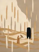 Schilderij van duin in camel en ivoor, in vlakke kleurvlakken