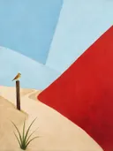 Schilderij van duin in hemelblauw en klaproosrood, in vlakke kleurvlakken