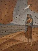 Schilderij van duin in kaneel en duifgrijs, in vlakke kleurvlakken