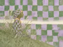 Schilderij van duin in lila en mosgroen, in vlakke kleurvlakken