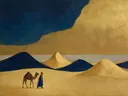 Schilderij van duin in nachtblauw en goud, in vlakke kleurvlakken