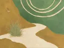 Schilderij van duin in salie en oker, in vlakke kleurvlakken