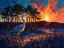 Reiger in tegenlicht tussen de bomen, schilderij
