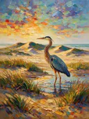 Duin in zacht de ochtendmist aan het water, schilderij van duin
