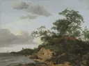 Duinen aan zee van Jacob van Ruisdael: landschap met duinen, zee, bomen en wolken, in gedempt blauw en zand