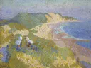 Duinen en zee bij Zoutelande van Jan Toorop: zee met duinen, zee, strand en kust, in blauw met geel en roze
