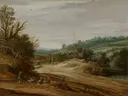 Duinlandschap met een landweg van Pieter Dircksz Santvoort: landschap met duinen, zandweg, wolken en bomen, in gedempt okerbruin