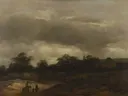Duinlandschap met weg en kerk van Guillam Dubois: landschap met duinen, weg, wolken en figuren, in gedempt grijsbruin